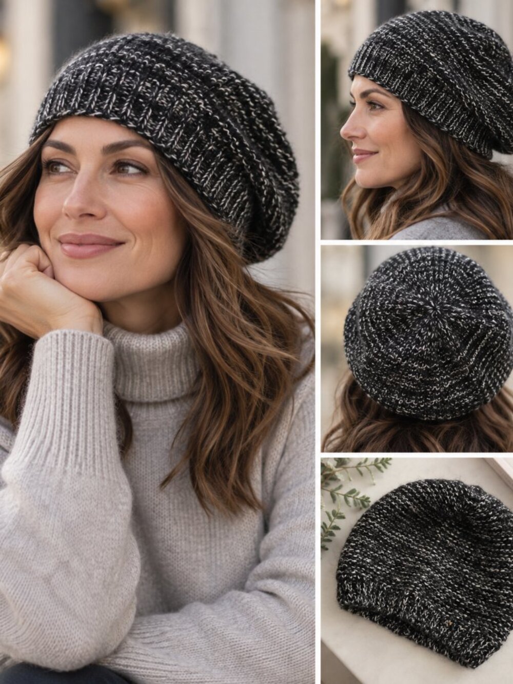 StilEstro Made in Italy Marled Slouchy Knit Beanie Wool Mohair Blend